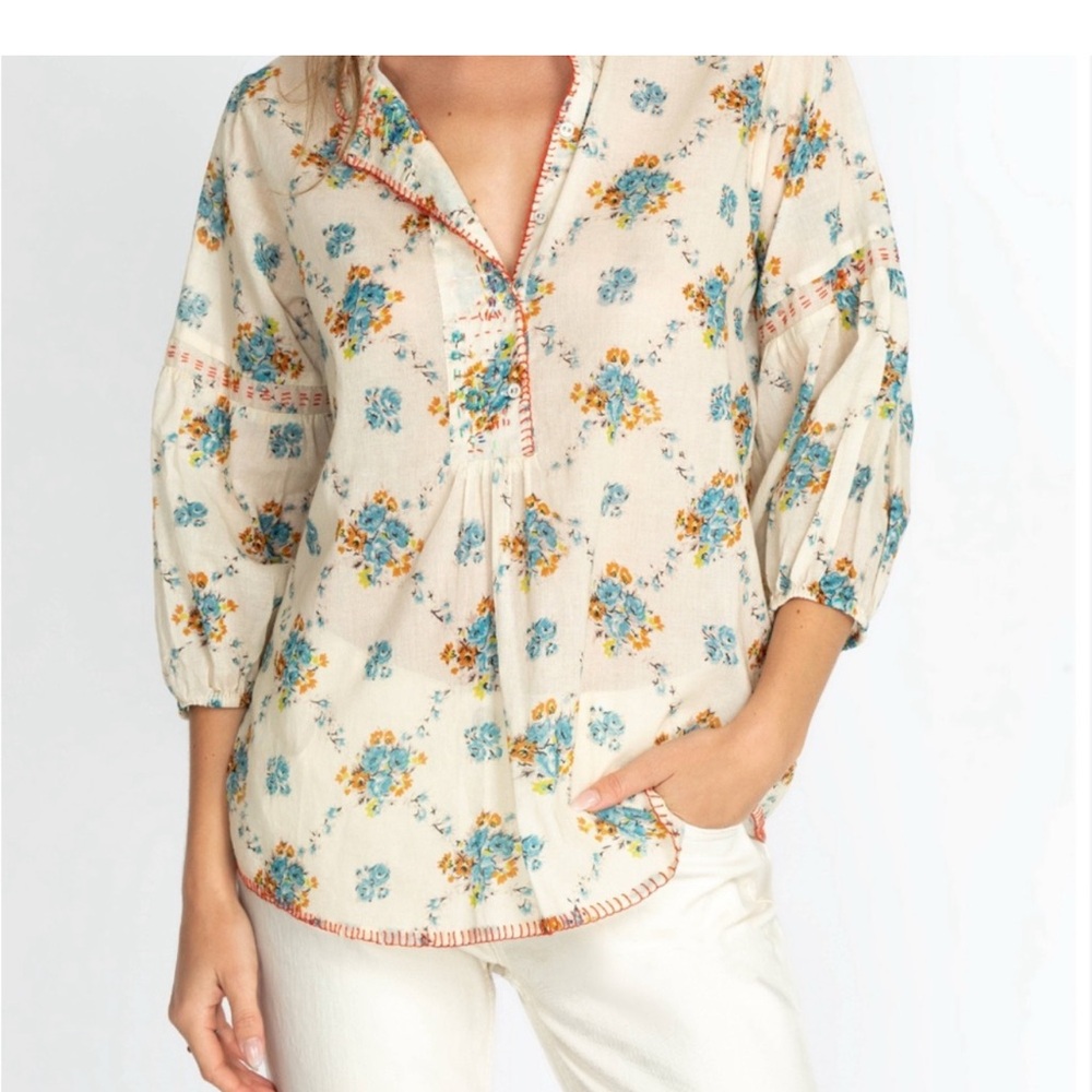 Johnny Was Floral Print Blouse with Ruffle Details